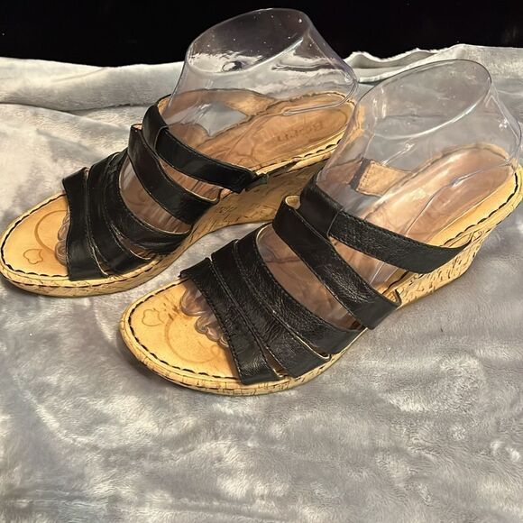 Born Morena Black Shiny Leather Cork Platform Wedge Slides Sandals - Picture 2 of 9